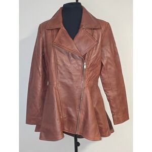 NWT Decrum Clarissa Womens Cognac Brown Peplum Leather‎ Jacket SZ MD